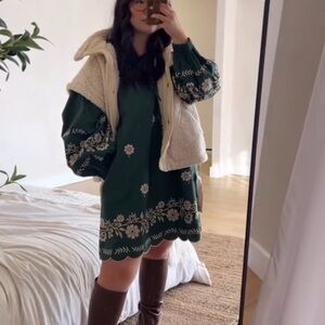 Green Floral Dress with Cream Vest